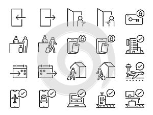 Check-In and Check-Out line icon set. Included icons as arrival, booking, departure, trip,Â hotel, flight and more.